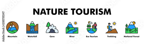 Fotografía NATURE TOURISM web banner icon vector illustration concept with icon of Mountain