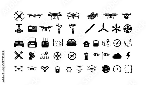 Drone icons black and white vector set