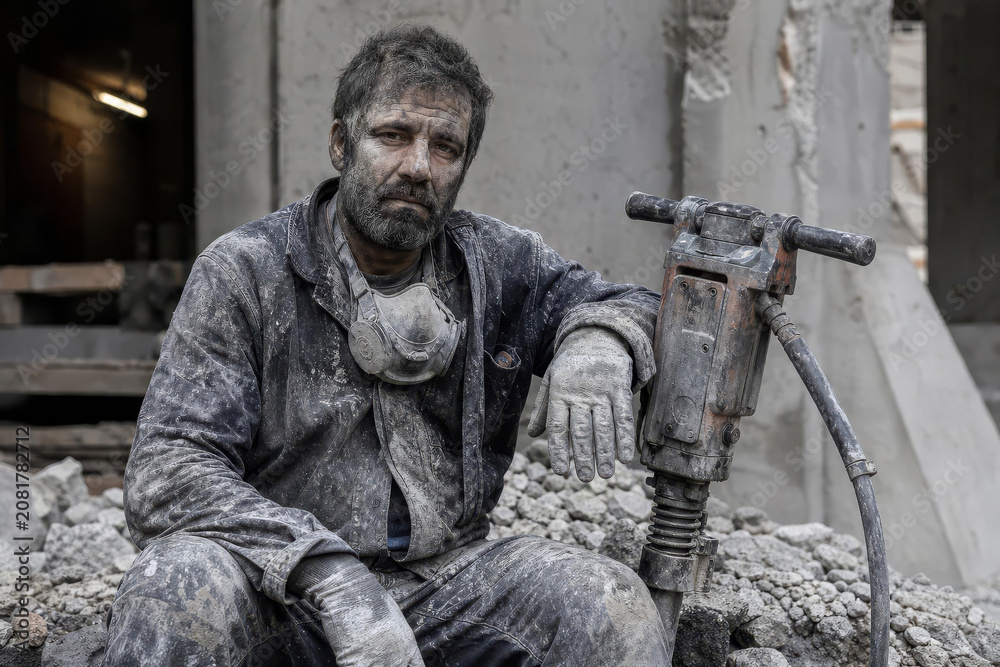 Fototapeta premium Portrait of Tired Manual Laborer Covered in Dust at Construction Site with Jackhammer
