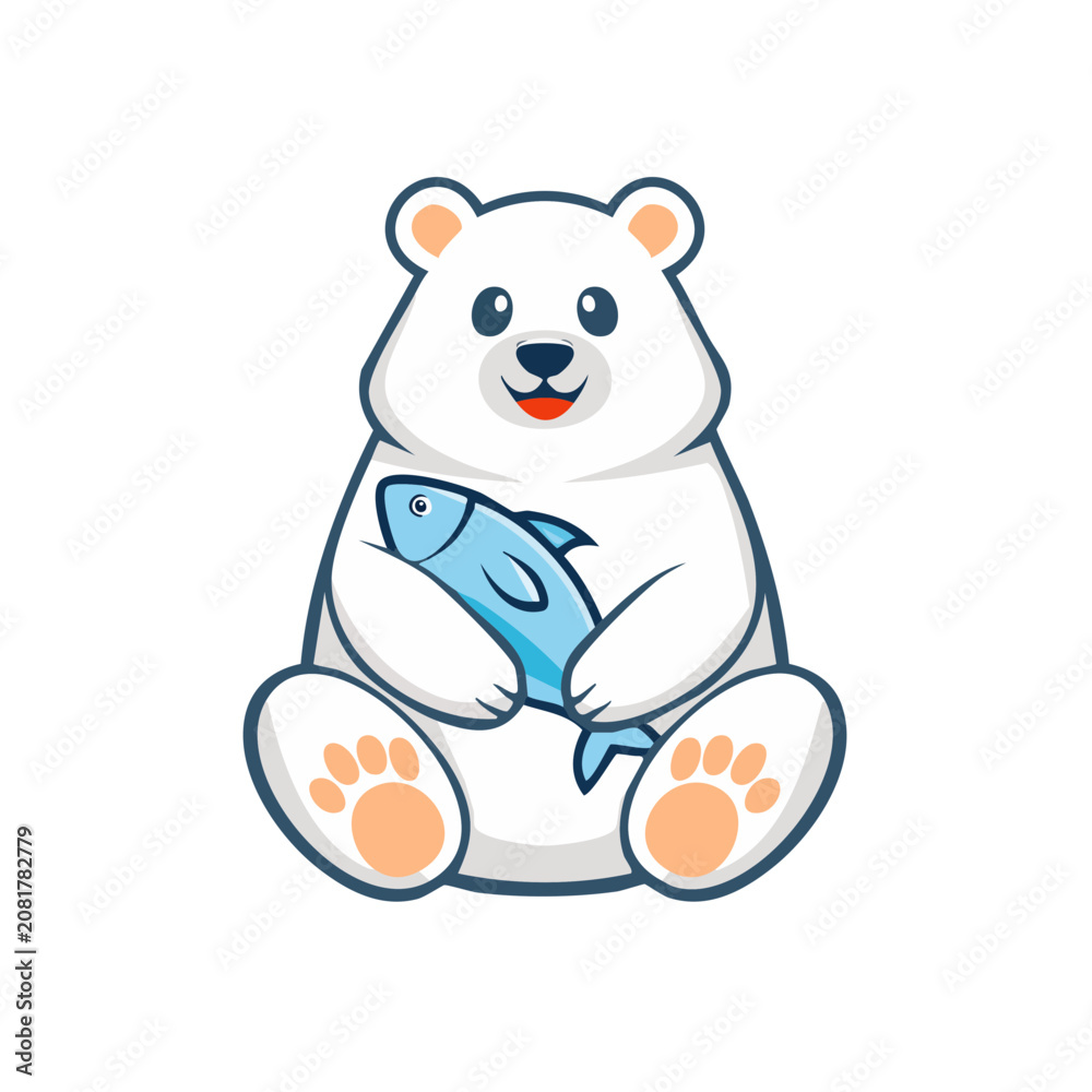 Fototapeta premium Cute cartoon polar bear holding a fish