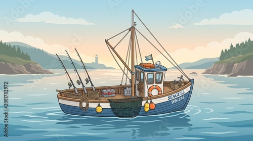 Fishing boat illustration with rods and buoys sailing in calm bay waters near a lighthouse at sunset representing maritime industry and coastal scenery