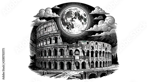 Foto Colosseum Rome Night Vintage Illustration Full Moon Clouds Black and White