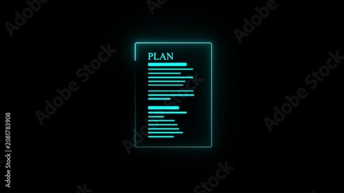 Neon glowing business plan document animation, digital strategy concept, minimalist cyan outline for corporate checklist task goal, objective vision mission abstract isolated black background.