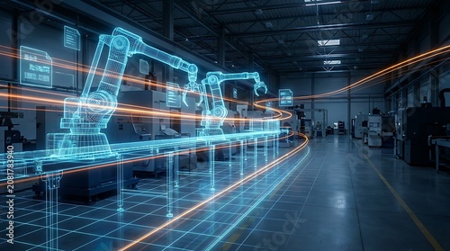 Futuristic factory automation with glowing digital wireframe robotic arms on production line, advanced manufacturing technology, industrial innovation, smart factory concept.