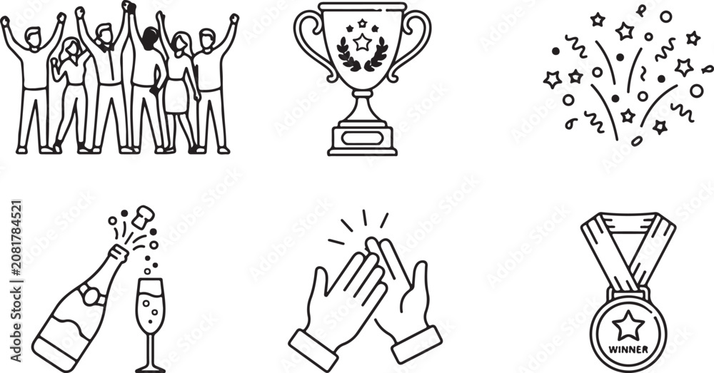 Naklejka premium Line art celebration icons trophy champagne bottle confetti ribbon medal and clapping hands winner achievement concept.