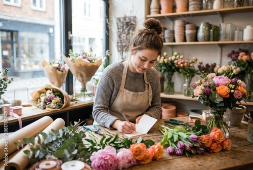 young florist girl arranging a fresh bouquet at a wooden work table inside a cozy flower shop.