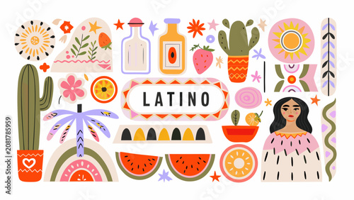 Schilderij op canvas A vibrant latino culture themed vector illustration featuring cacti fruit and de