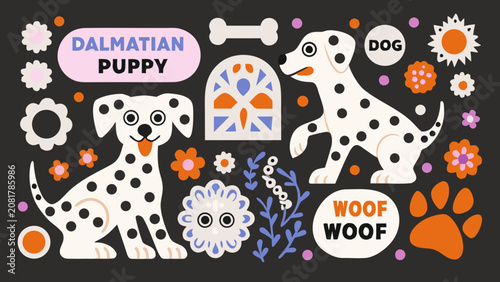 Cuadro en lienzo Dalmatian Puppy Illustration With Floral Elements And Dog themed Accessories A C