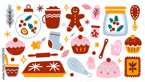 Cuadro en lienzo Festive Holiday Baking Collection Vector Illustration With Gingerbread Cupcakes