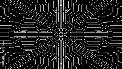 Картината върху платно Circuit board pattern a symmetrical vector illustration with white lines on a bl