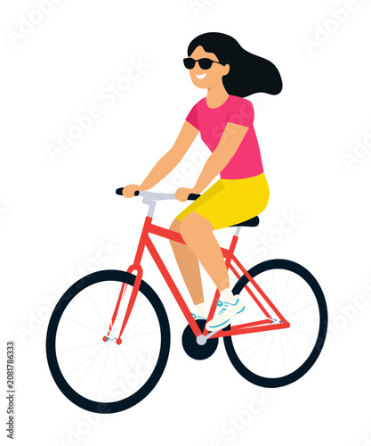 Woman riding bicycle isolated on white background. Vector illustration in flat minimal style. Active lifestyle character for sport design, fitness apps, transport ads, web banners and healthy living.