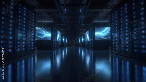 Futuristic Data Center Server Room with Blue Light Corridor