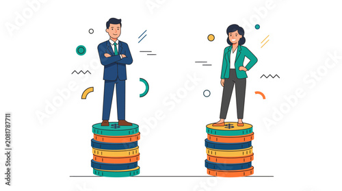 Two Business Professionals Competing on Stacks of Coins for Financial Rewards