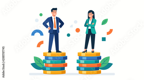 Business Professionals Standing Proudly on Tall Stacks of Coins