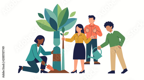 Diverse Group of People Planting a Young Tree for Environmental Sustainability