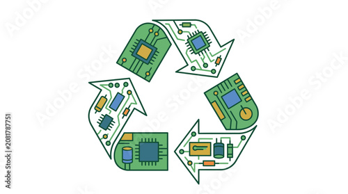 Circular Economy Recycling Sign Formed by Electronic Hardware Components