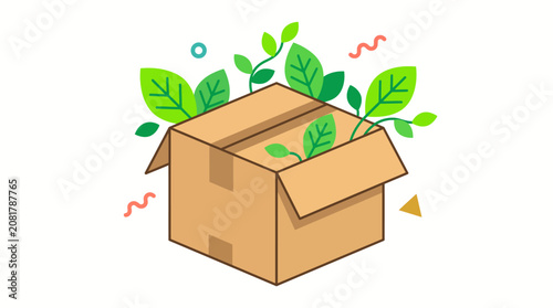 Cardboard Shipping Box Containing Growing Green Plants for Sustainable Delivery