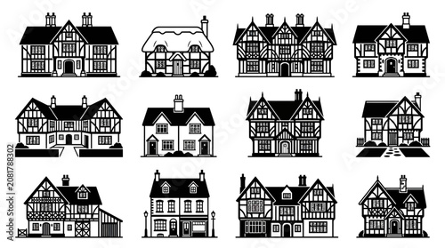 Obraz na plátně Tudor Style Houses Collection - Black and White Vector Illustrations