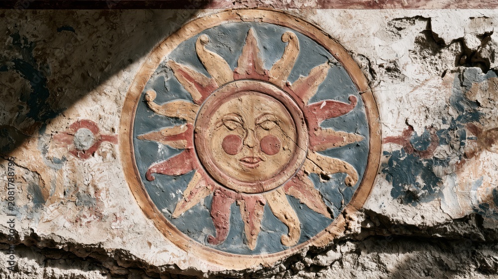Obraz premium Ancient sun god symbol embedded in weathered clay wall art