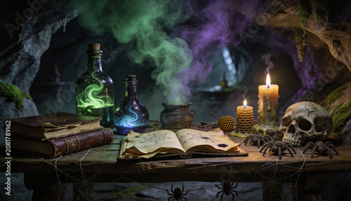 Sorcerer table with magic potions, ancient spell books, and a skull