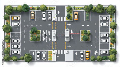 overview of a modern parking lot with cars trees and marked parking spaces from above