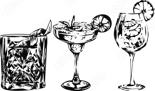 Fotografija Set of three hand drawn cocktail glasses with lime garnish and ice in a sketch a