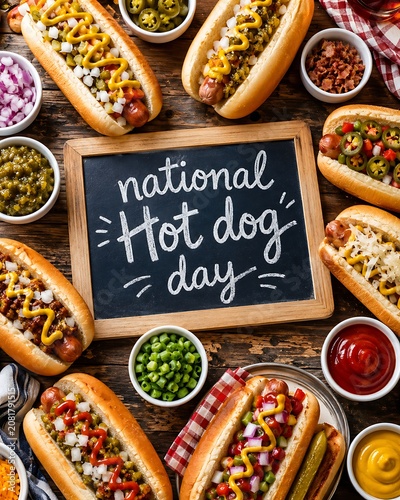 Hot dogs with various toppings on wooden table