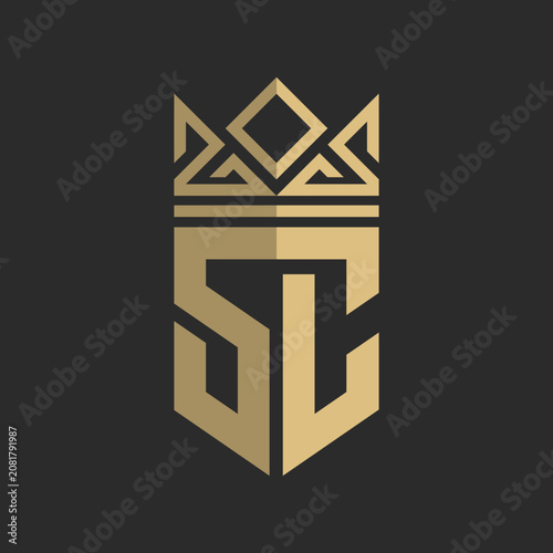 Initial SC elegant luxury monogram gold logo or badge template with royal crown, perfect for luxurious branding project