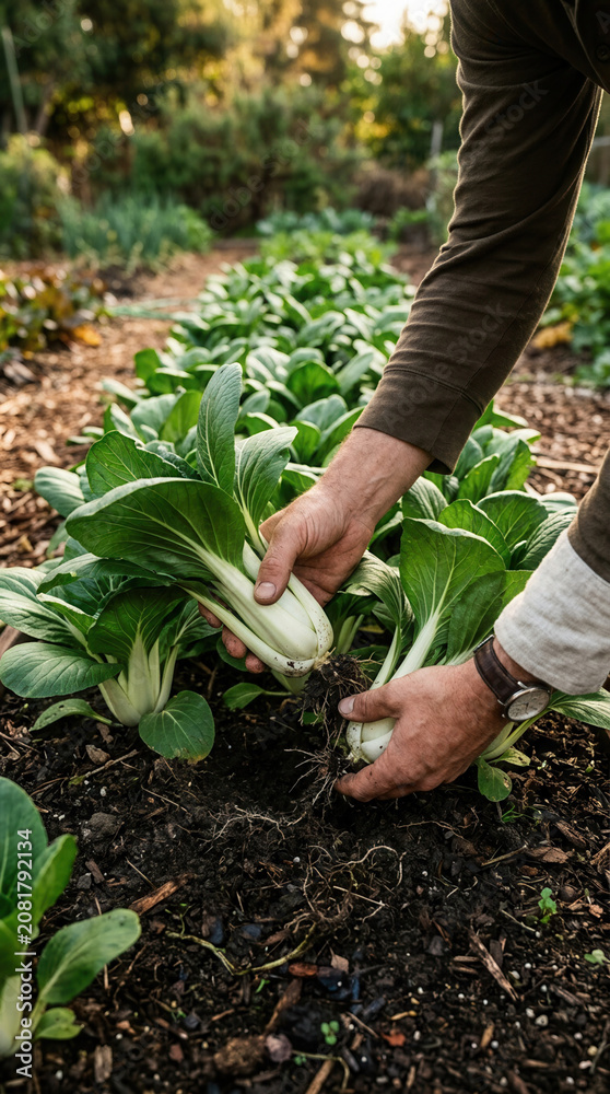 Fototapeta premium Harvesting Fresh Organic Bok Choy From A Lush Garden