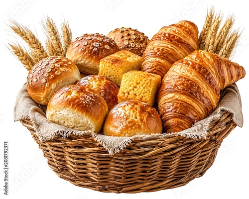 Wicker basket filled with assorted fresh baked bread rolls and croissants