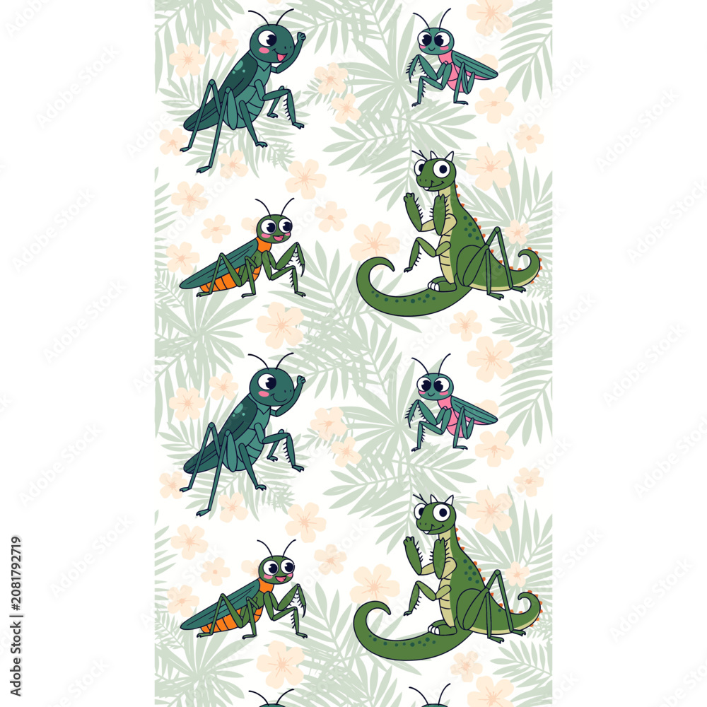 Obraz premium Cartoon Insects and Dinosaur Pattern