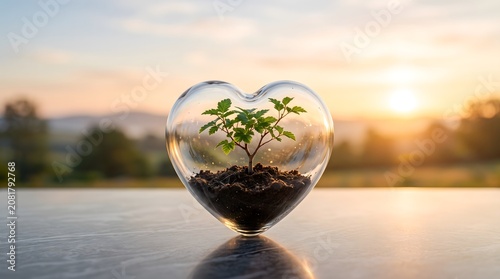 A small green plant grows inside a transparent heart-shaped glass terrarium filled with soil, placed on a surface with a warm, blurry sunset background.