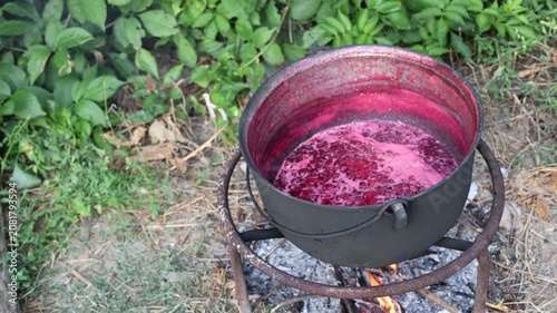 Cooking berry jam in a large cauldron over an open fire outdoors
