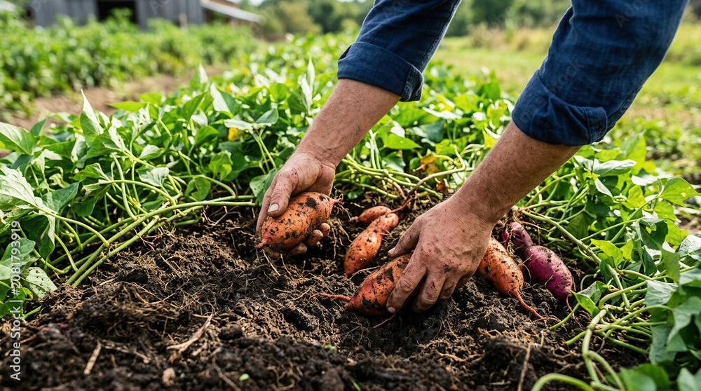 Fototapeta premium Harvesting Fresh Organic Sweet Potatoes Directly From The Rich Earth In A Sunny Field