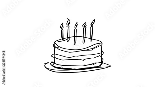 Hand Drawn Birthday Cake with Lit Candles Illustration.