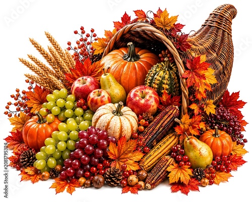 Abundant cornucopia of fruits and vegetables spilling out  Thanksgiving