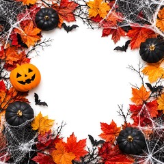Halloween themed frame with pumpkins and autumn leaves  spooky decoration