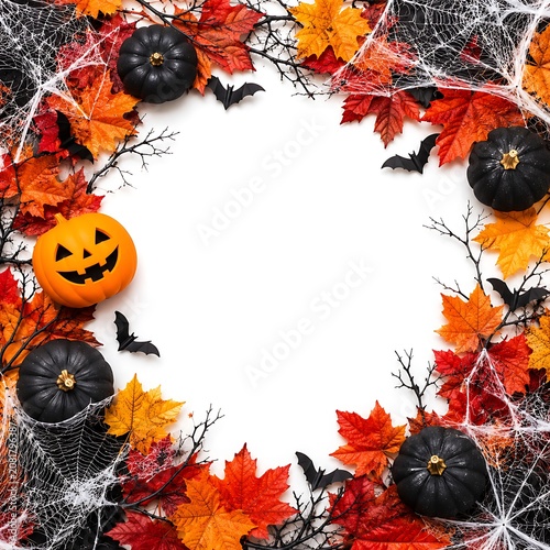 Halloween themed frame with pumpkins and autumn leaves  spooky decoration