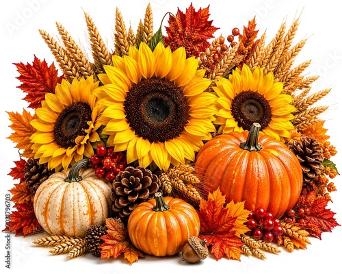 Autumnal arrangement with sunflowers and pumpkins and leaves