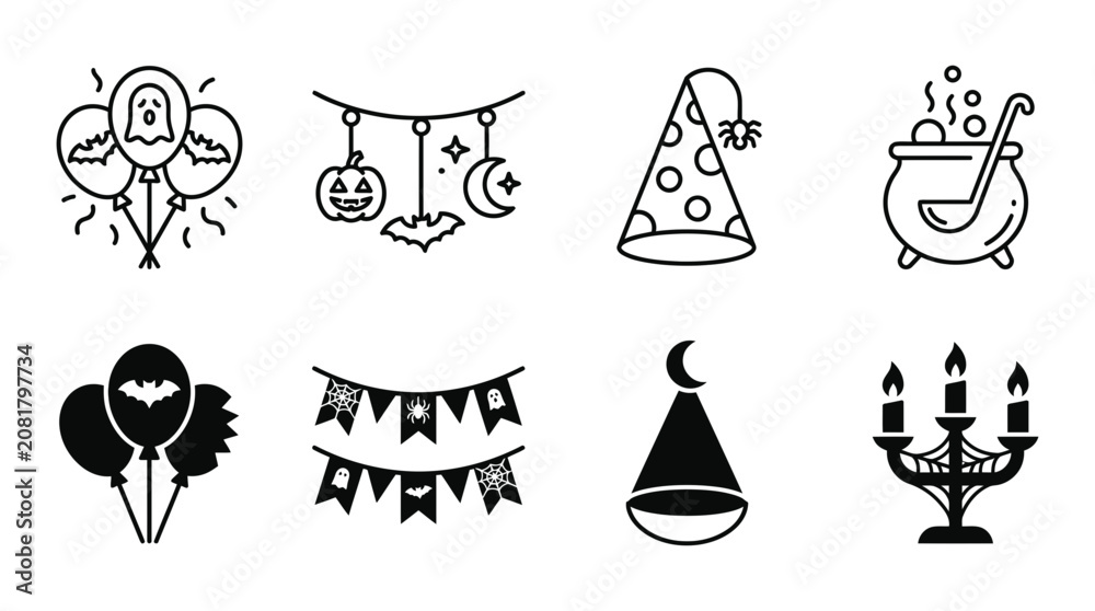 Fototapeta premium Halloween party decoration icons set including balloons banners cauldrons and candle holders with halloween, cauldron