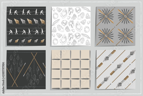 Korean Paleolithic seamless pattern set. Ancient stone age tools, spears, and primitive human silhouettes vector illustration.