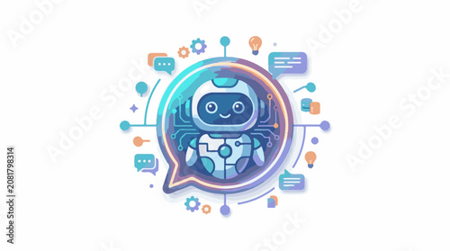 A friendly robot icon inside a speech bubble surrounded by tech symbols