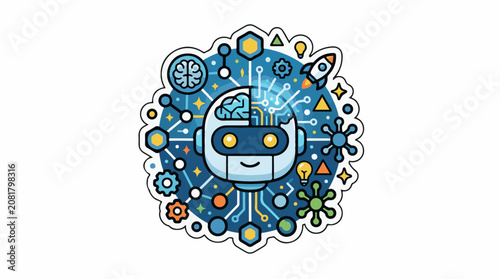 A friendly robot head with a digital brain and connecting nodes