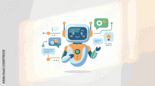 A friendly robot icon with thought bubbles and gears signifying ideas