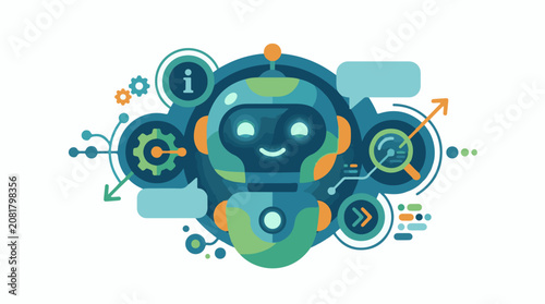 A friendly robot illustration with gears chat bubbles and data visualization elements