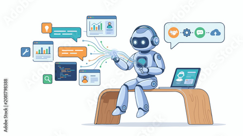 A friendly robot interacting with digital data streams and interfaces