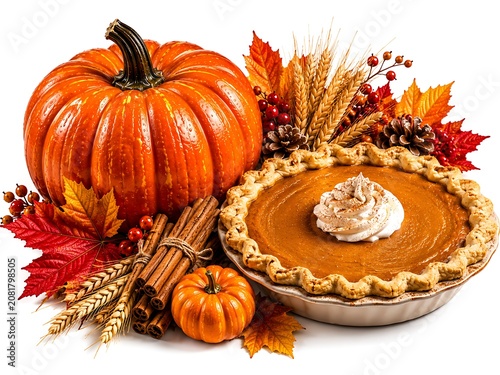 Pumpkin pie with whipped cream and autumn leaves arrangement