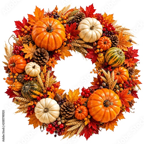 Autumn wreath with pumpkins and leaves  fall decoration