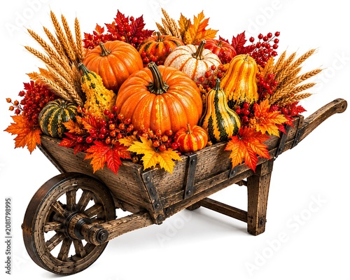 Autumn harvest decoration with pumpkins and leaves in wheelbarrow