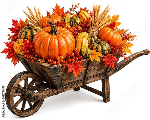 Wooden wheelbarrow filled with pumpkins and autumn leaves and berries